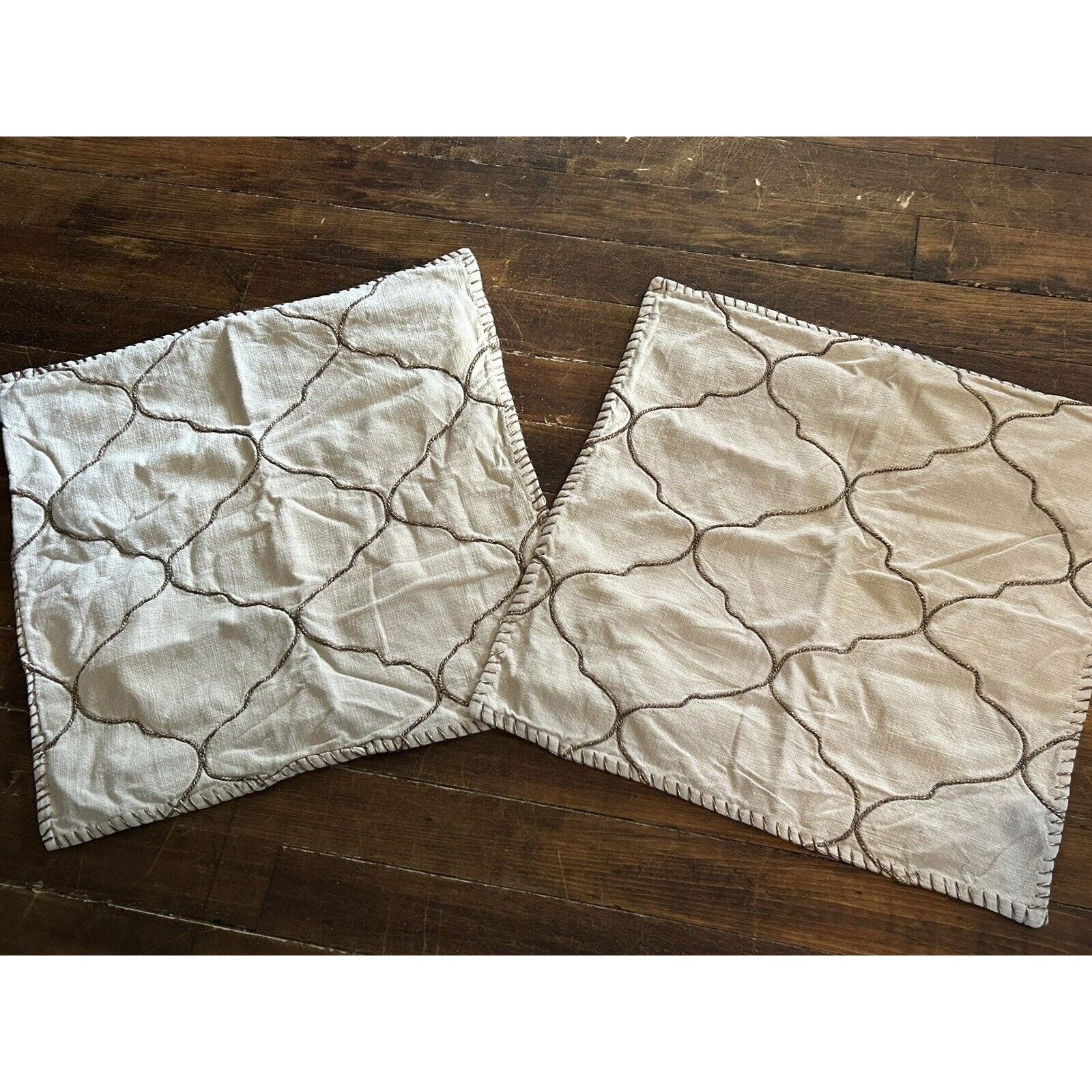 Pottery Barn Tan Beige Bronze Metallic Cord Pillowcases 22x22 Cotton Set of 2