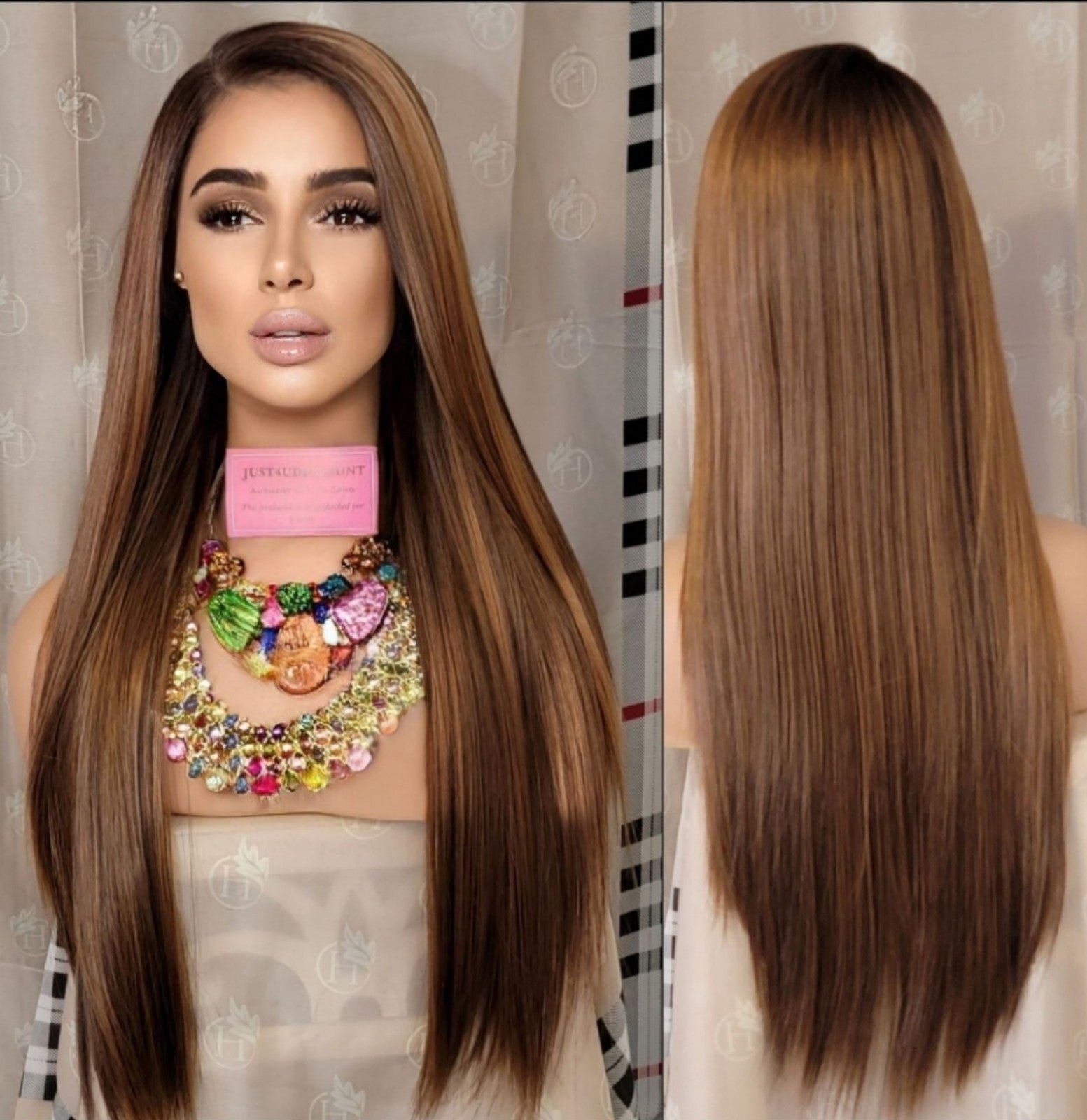 Wowfactor Silky straight brown h.d lace front wig with copper blonde highlights