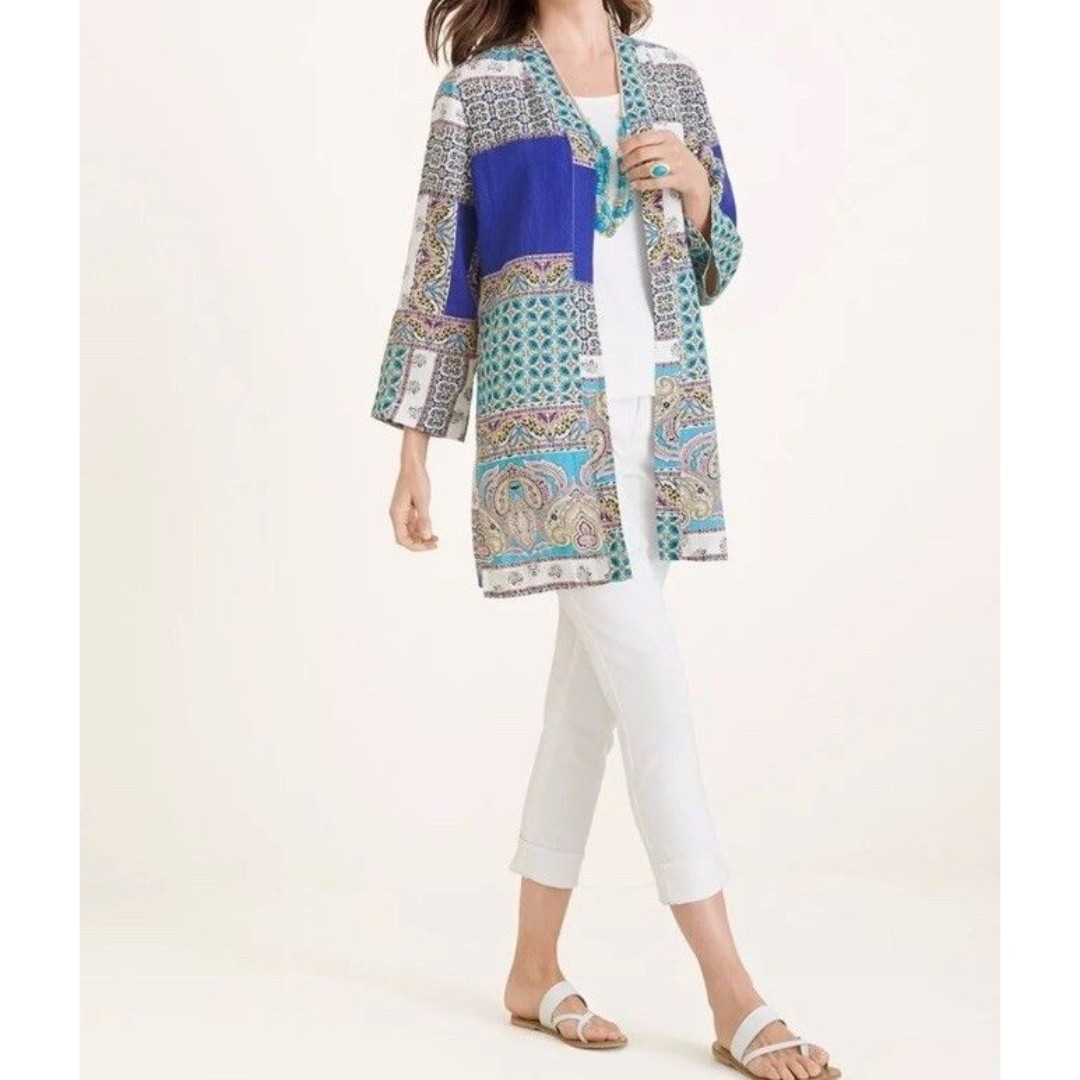 CHICO'S Patchwork Graphic Linen Duster Jacket Kimono 12/14 Womens Artsy Boho