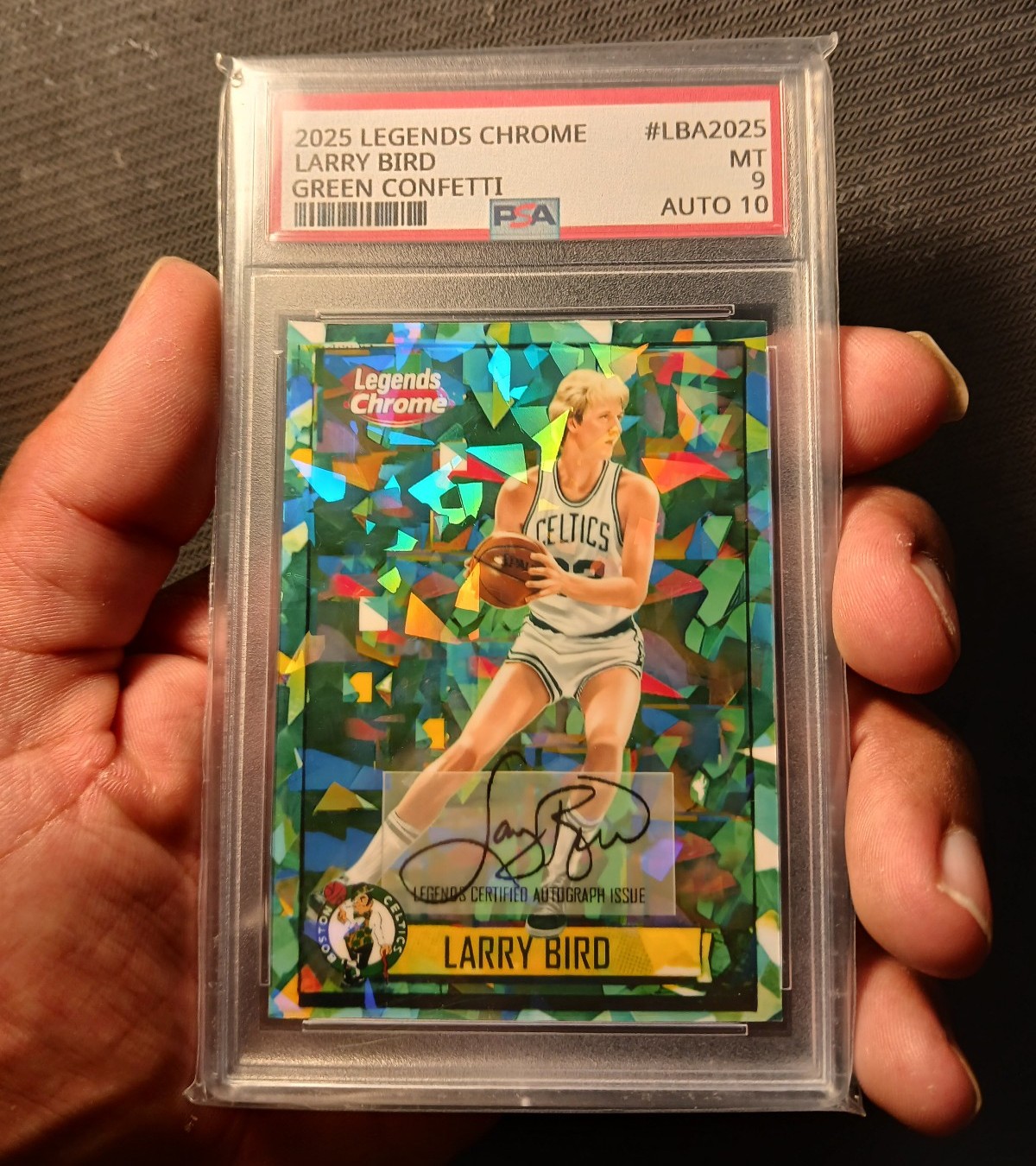 2025 Legends Chrome Larry Bird Green Confetti Atomic Custom Slab Display card