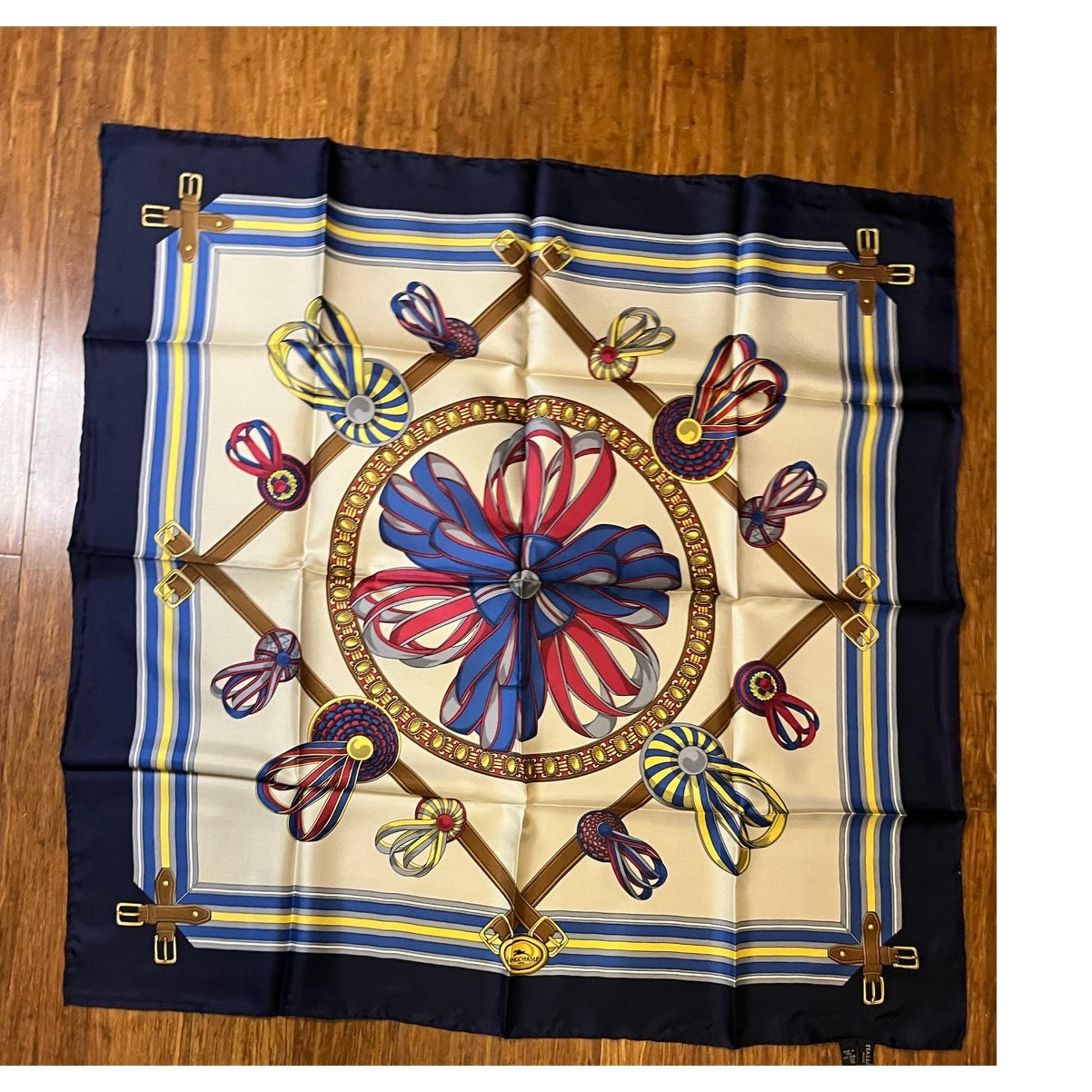 Longchamp Square Silk Scarf Ribbon Design Navy Border 90x90 cm 35x35 inches