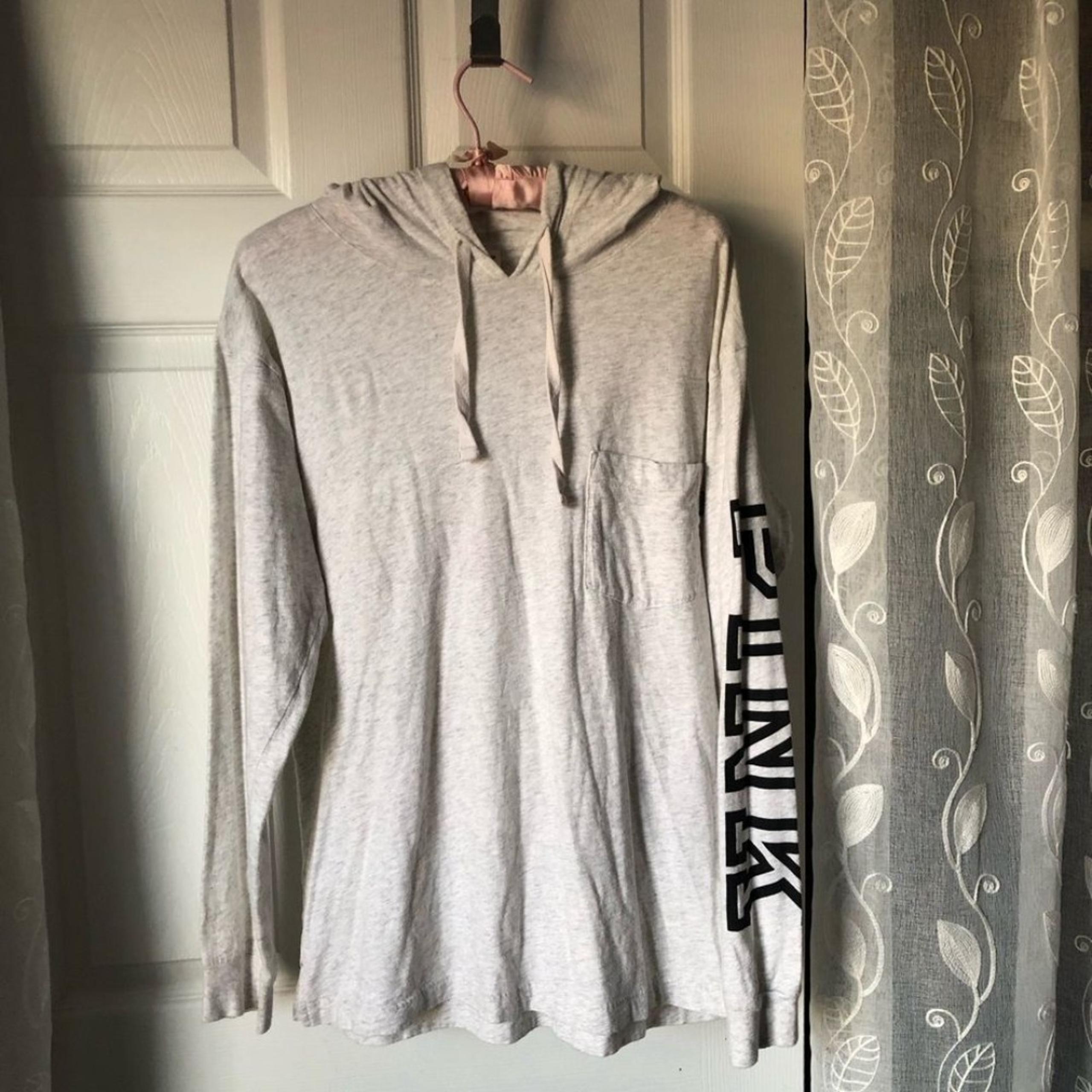 Pink Victoria's Secret Campus Long Sleeve Hoodie Tee Gray Rainbow Logo S P