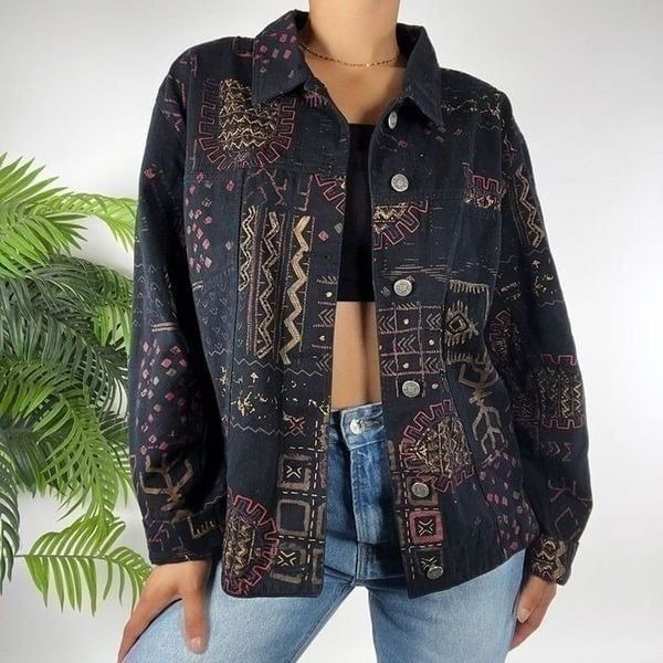 Women's Vintage 90s Grunge Indie Black Bohemian Aztec Denim Jacket / Size: 2