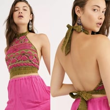 Free People | Green Magenta Pink South Coast Embroidered Halter Boho Crop Top M