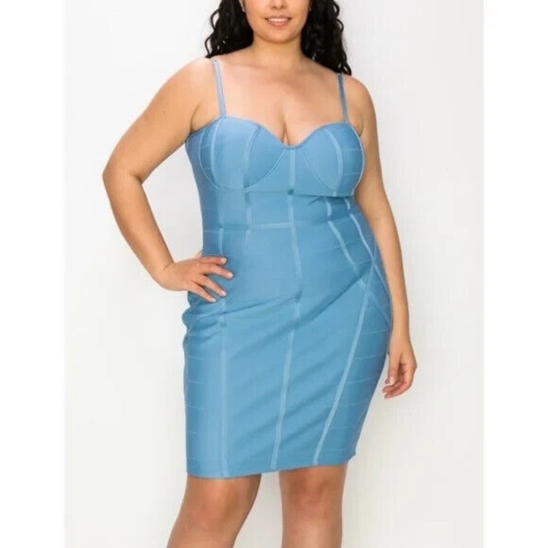 Blue Denim Bandage Bodycon Cross Line Sweetheart Plus Size Dress