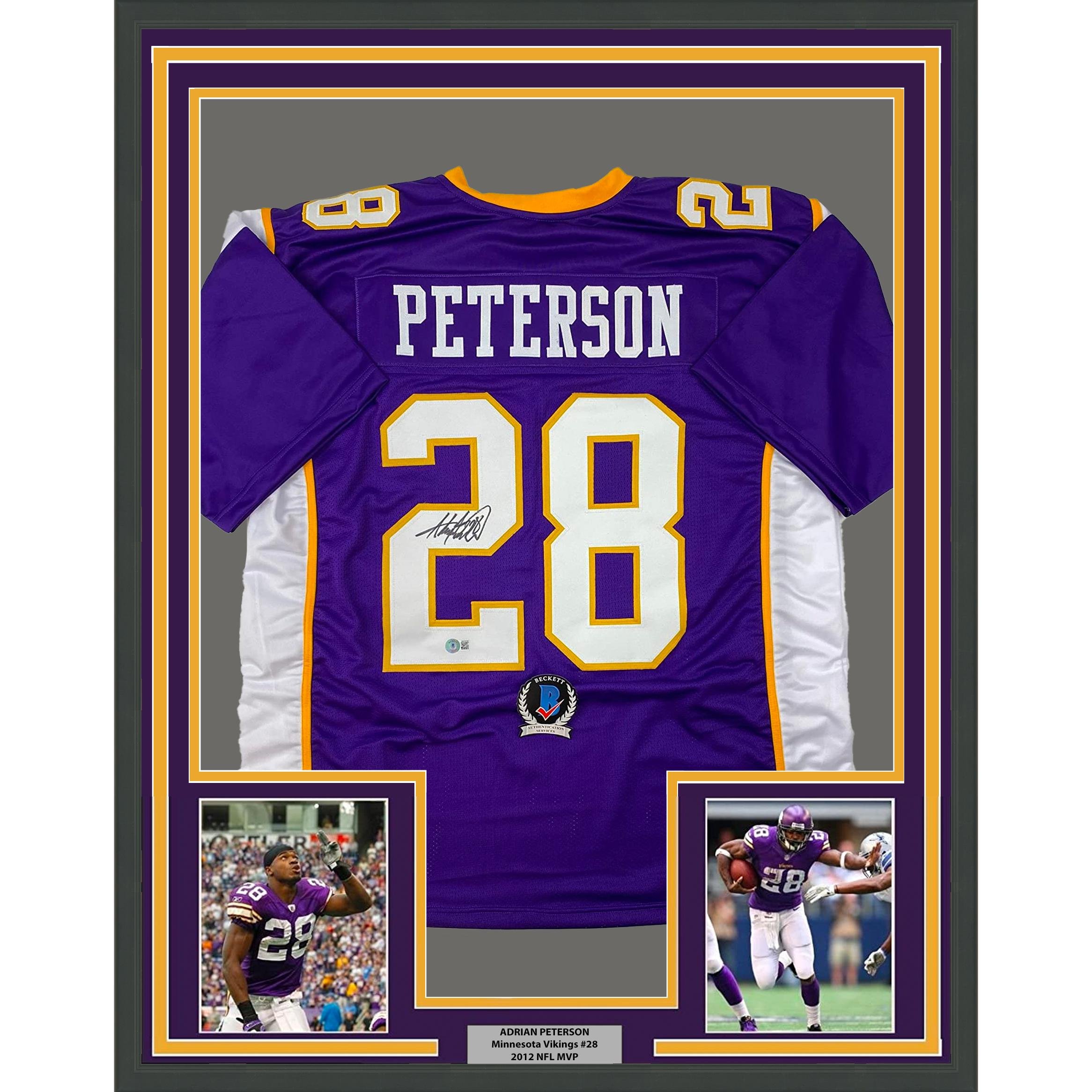 Framed Autographed/Signed Adrian Peterson 35x39 Minnesota Purple Jersey Beckett