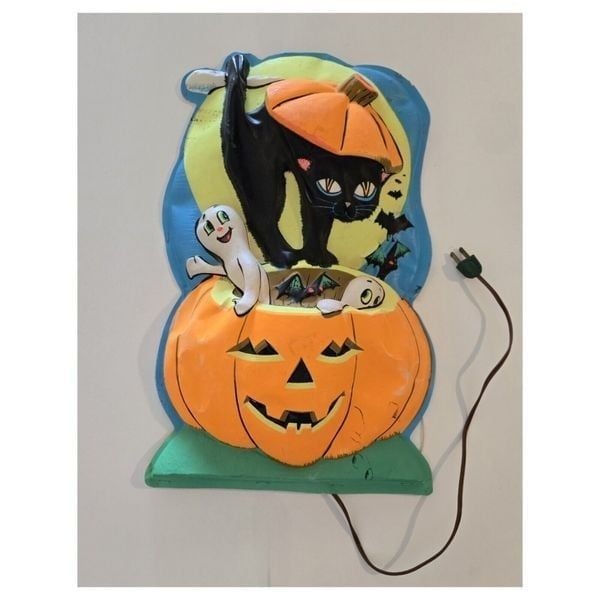 Vintage 1960's Halloween Black Cat Jack O Lantern Lighted Vaccuform Mold...