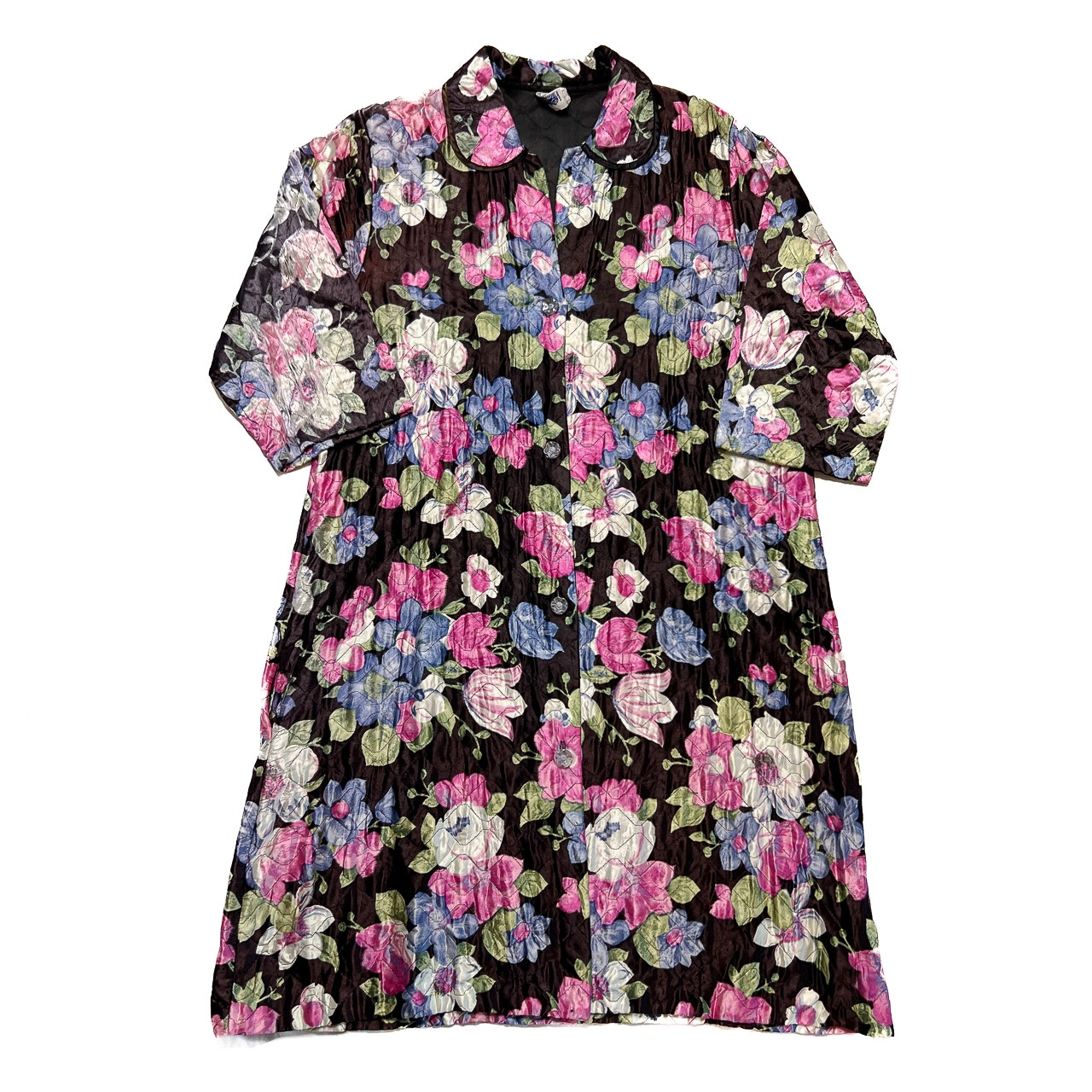 Vintage 60s Floral House Coat Quilted Satin Multicolor Half Sleeve Women's 18 38
