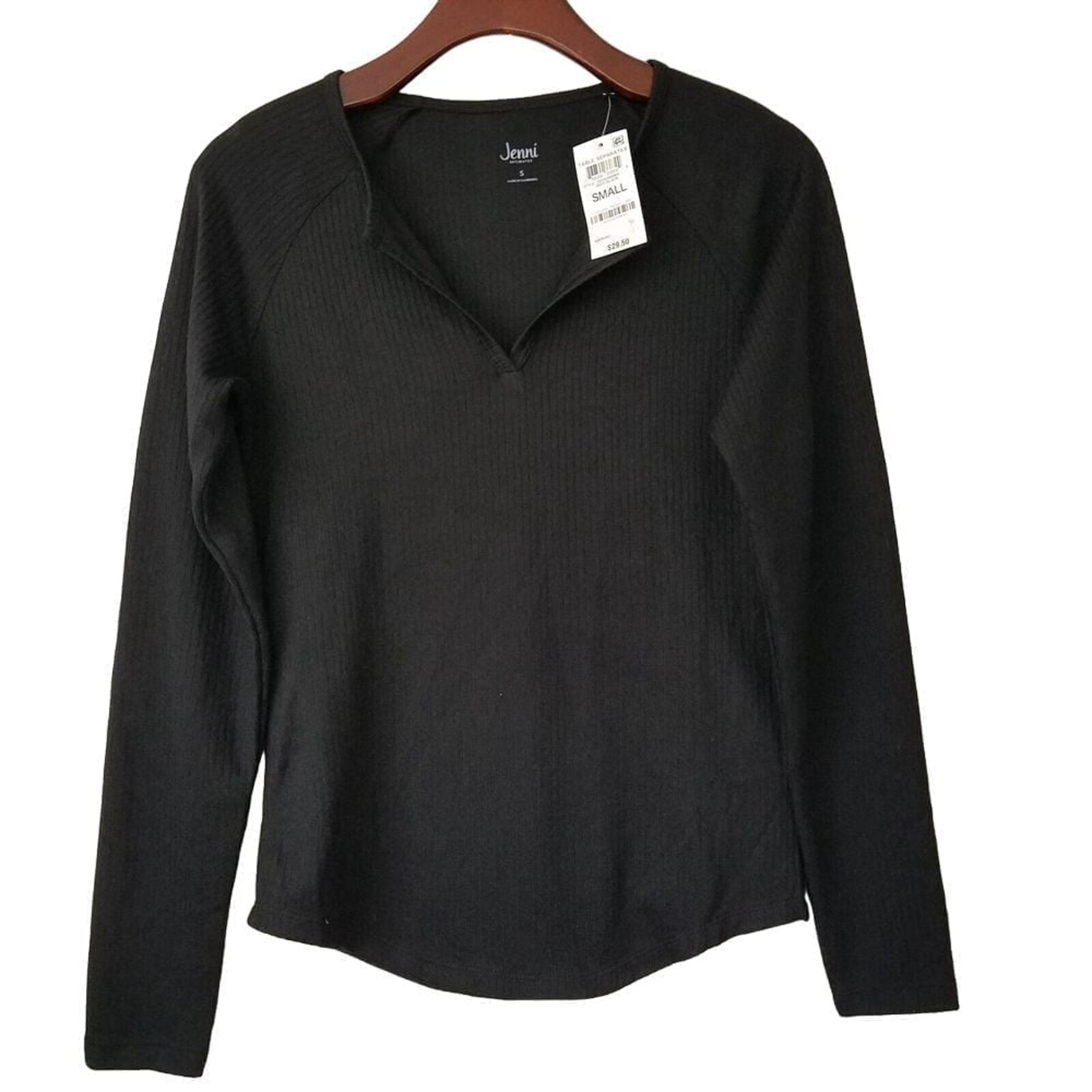 Jenni Split Neck Long Sleeve Pajama Top Size Small Black NWT
