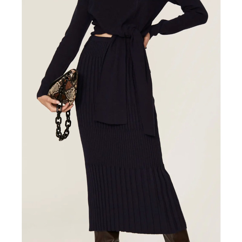 Jason Wu Navy Blue Ribbed Knit Midi Pencil Skirt LARGE Chic Career Designer 200