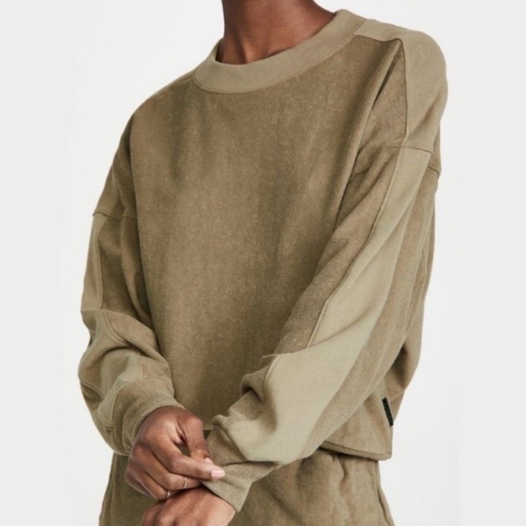 Varley Lyle Pullover Sweatshirt Womens Sz S Olive Tan Cotton Terry Cloth Casual