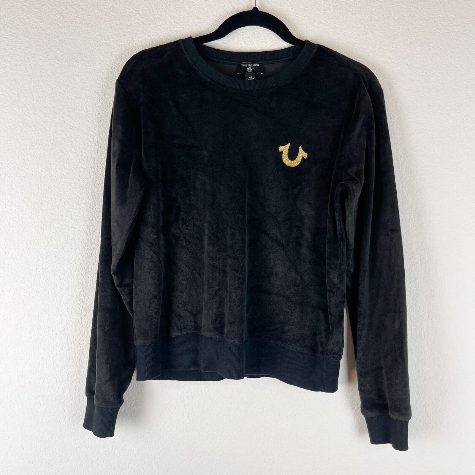 True Religion Glitter Velour Sweatshirt Womens Small Black Crew Neck Casual