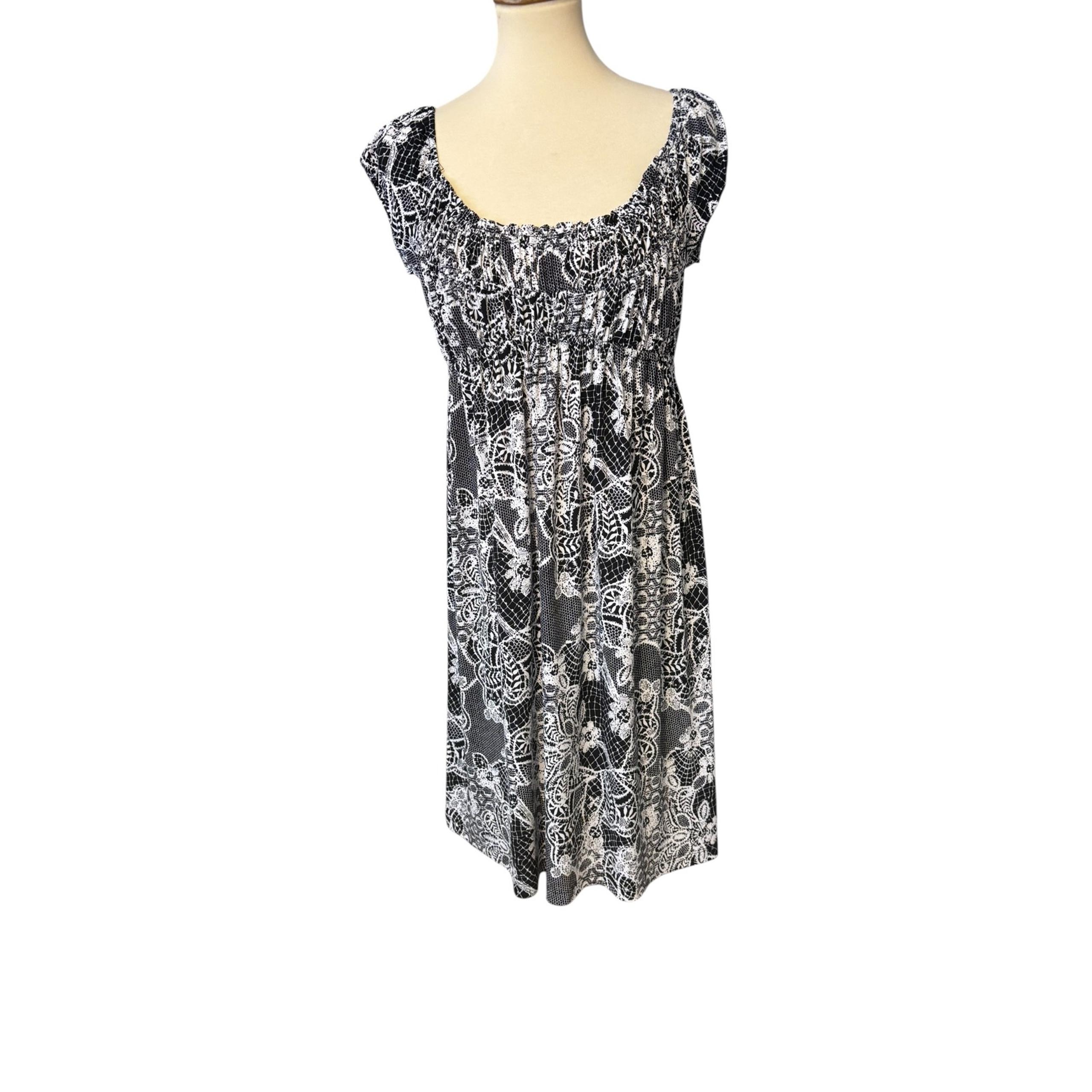 Muse SZ 12 Black White Floral Stretch Midi Dress. Vacation Sun Party Casual EUC