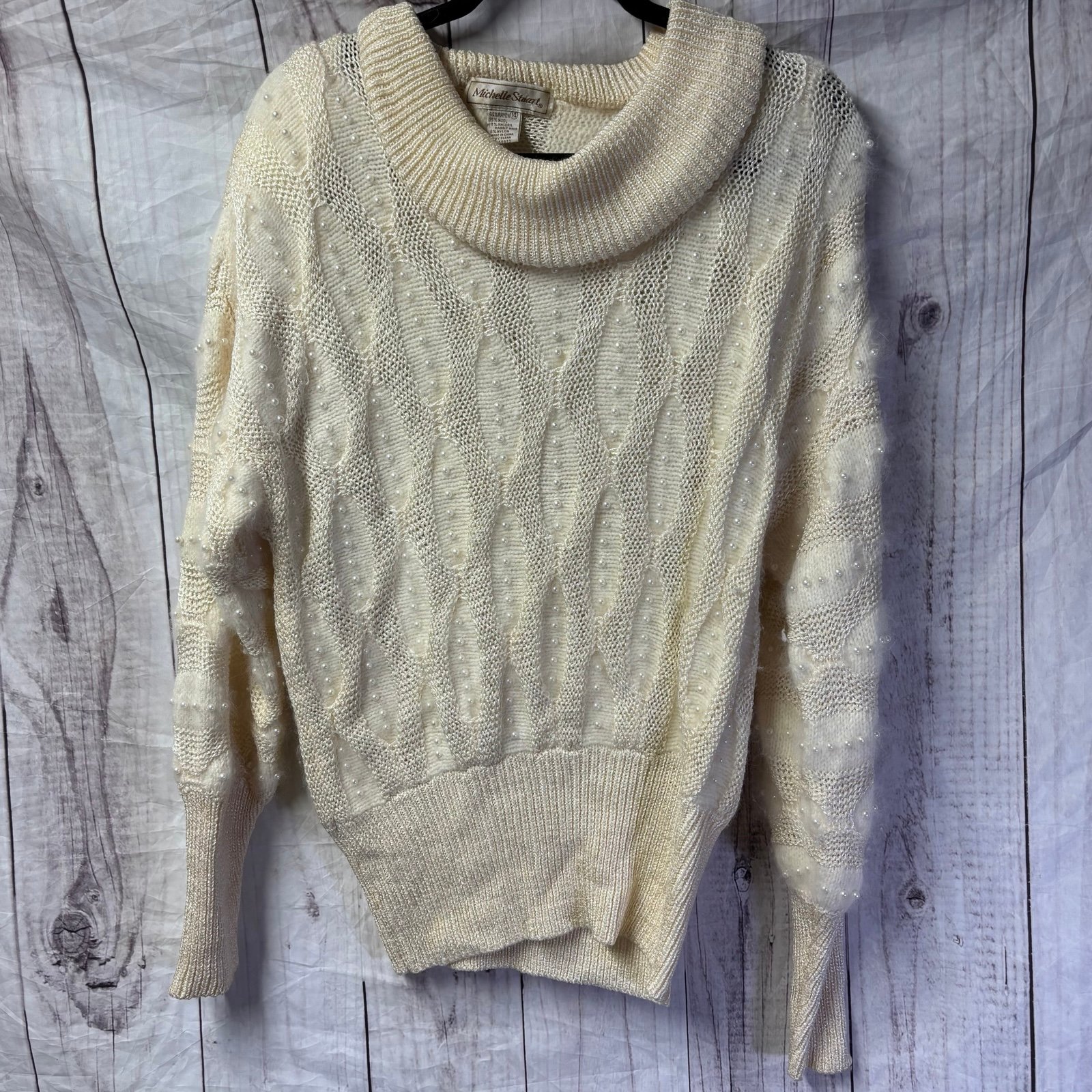Vintage Pearl Beaded Cozy Cream Cable Knit Super Soft Sweater Wool Rabbit 14