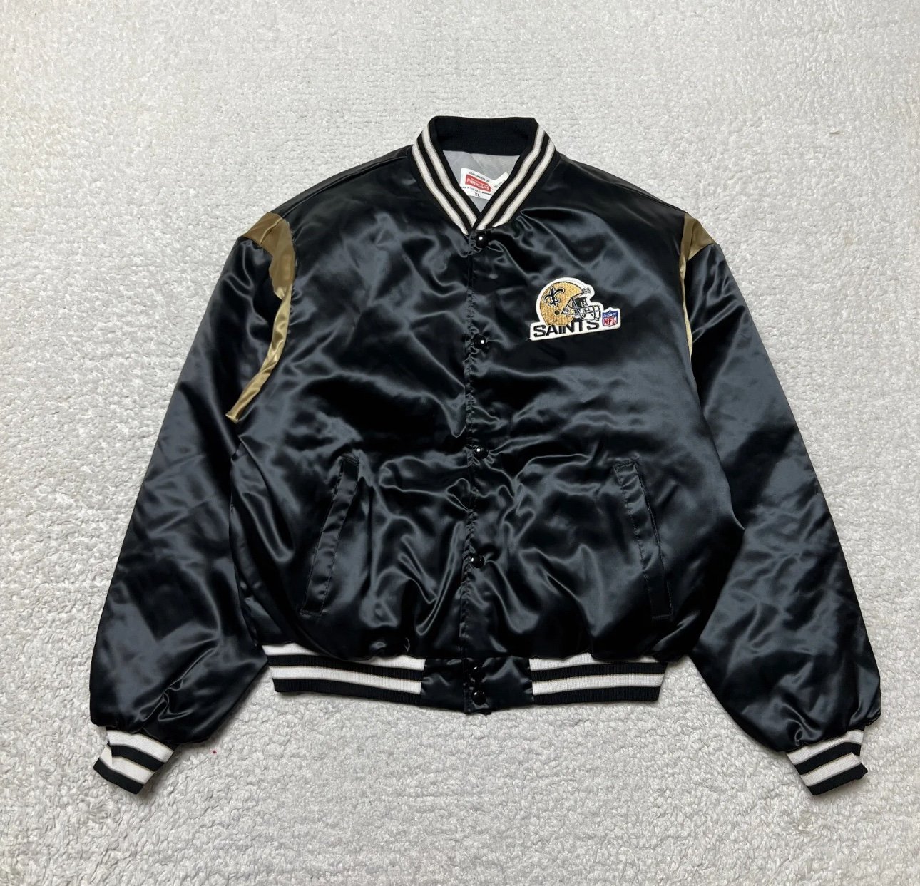 New Orleans Saints NFL Men XL Black Satin Bomber Varsity Swingster Vintage