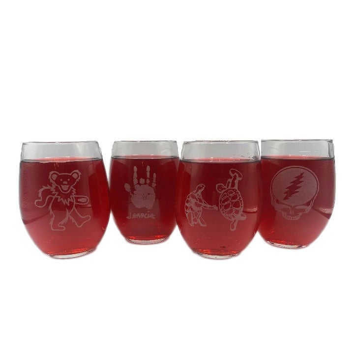 Set 4 Grateful Dead Wine Glasses Deadhead Steal Your Face Terrapin Station Jerry