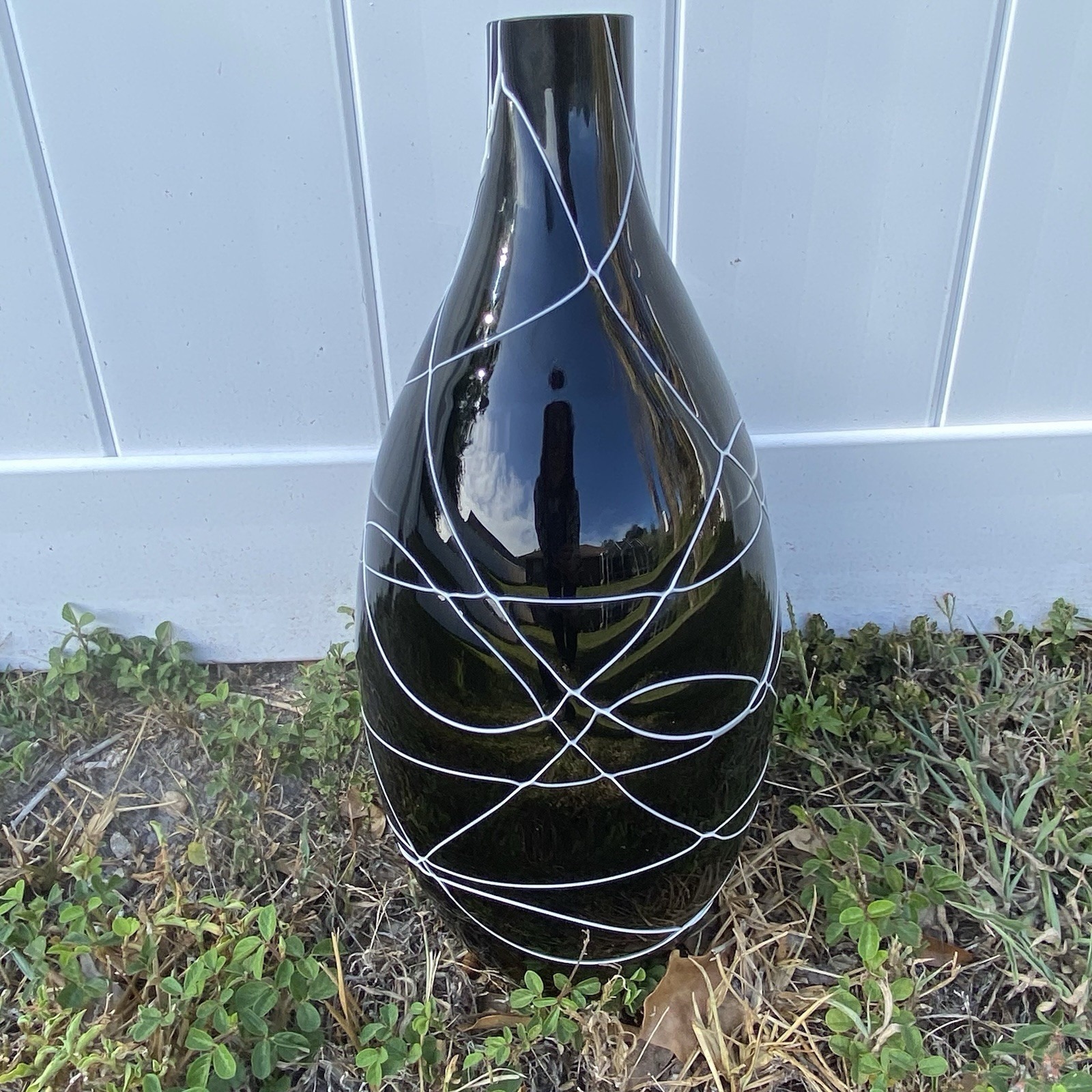 MCM Black Art Glass Vase 16 Tall W/ White Glass Swirls Thick Glass