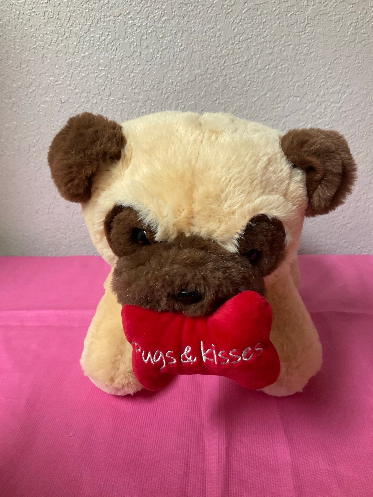 Plush Tan Pug Puppy Dog With Brown Ears “Pugs & Kisses” Bone In Mouth Stuffies