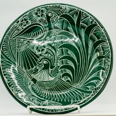 Green Mexican Pottery Plate with Peacock Design