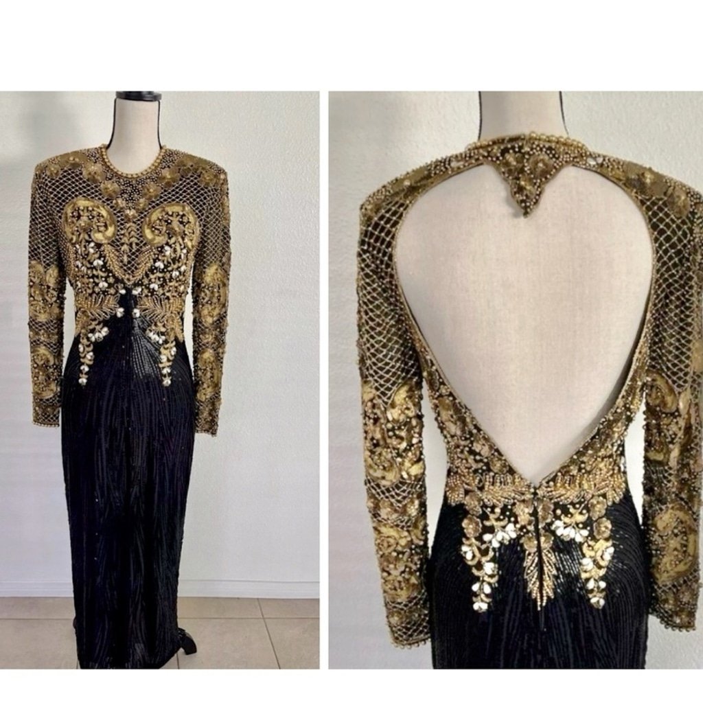 Vintage Naeem Khan Riazee Nights Lillie Rubin Beaded Open Back Gatsby Silk Gown