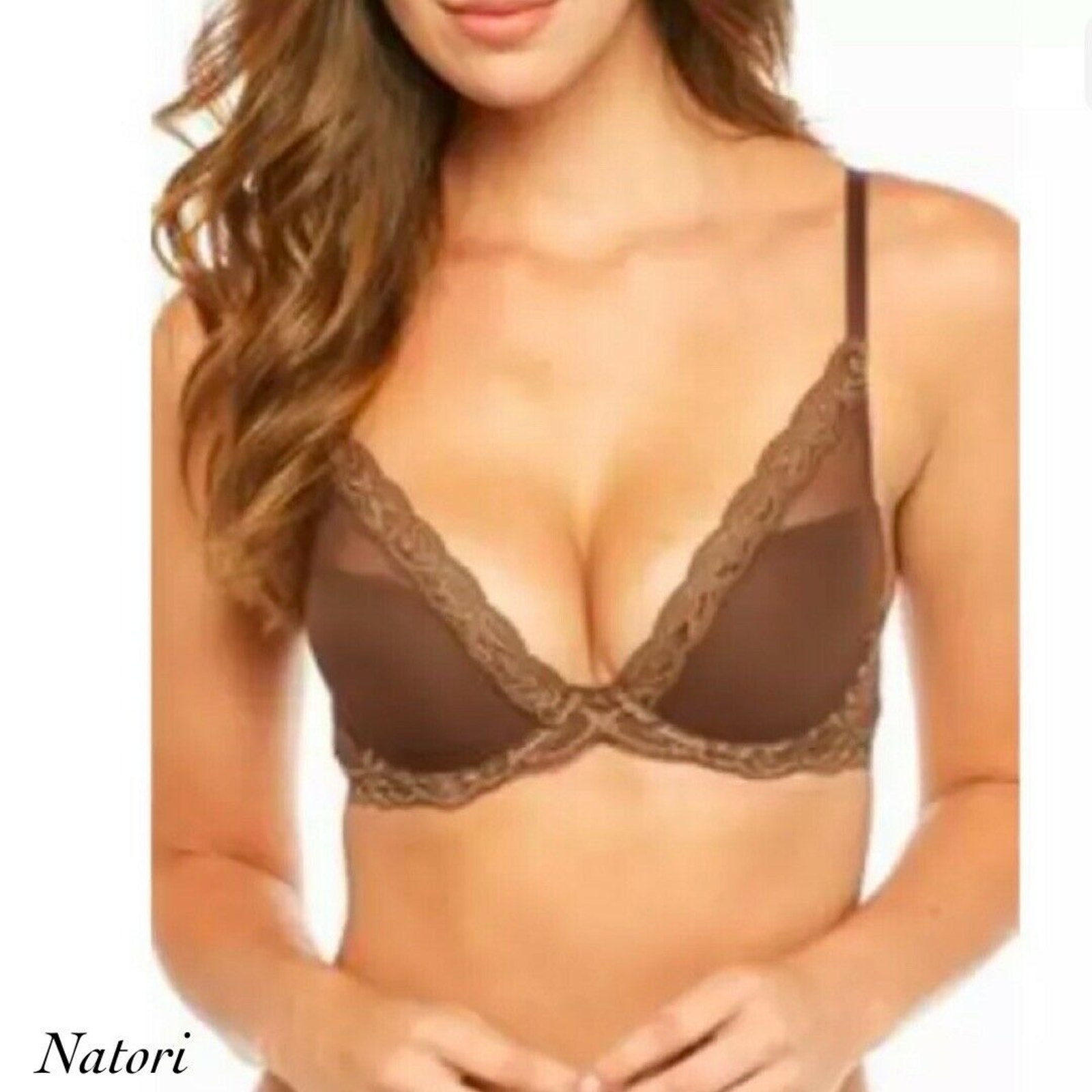 Natori Brown Lace Trim Feathers Underwire Bra NWOT Size 34DD