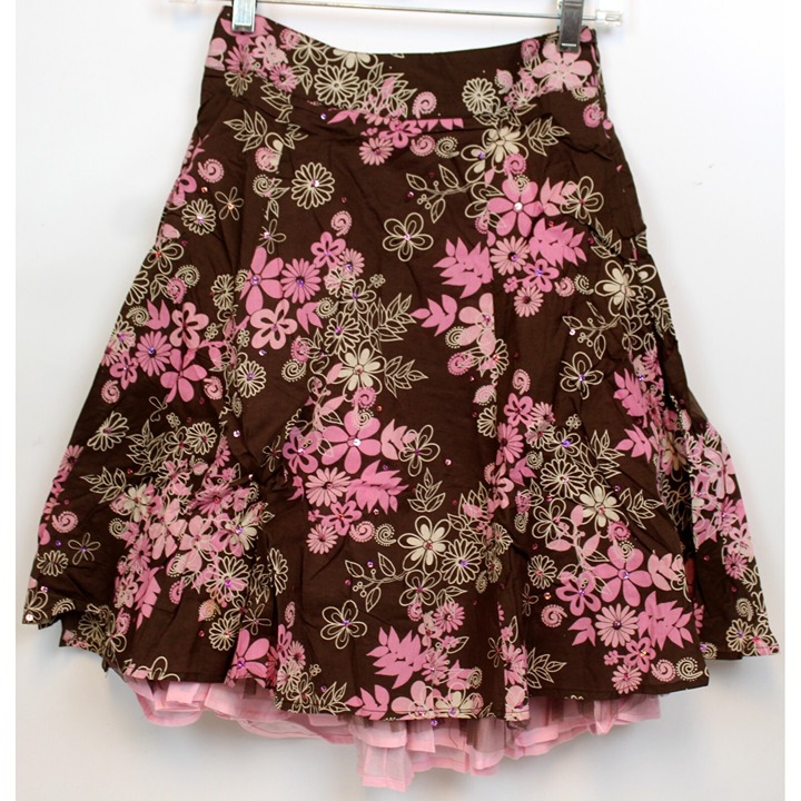 NEW Y2K Limited Too Brown Skirt sz 12 Reg Pink Flowers Sequins Lined Tulle Flare