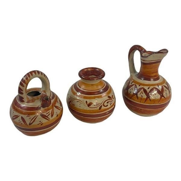 Vintage Fine Pottery From Mexico hand painted Cruet Vase Pitcher set Redware