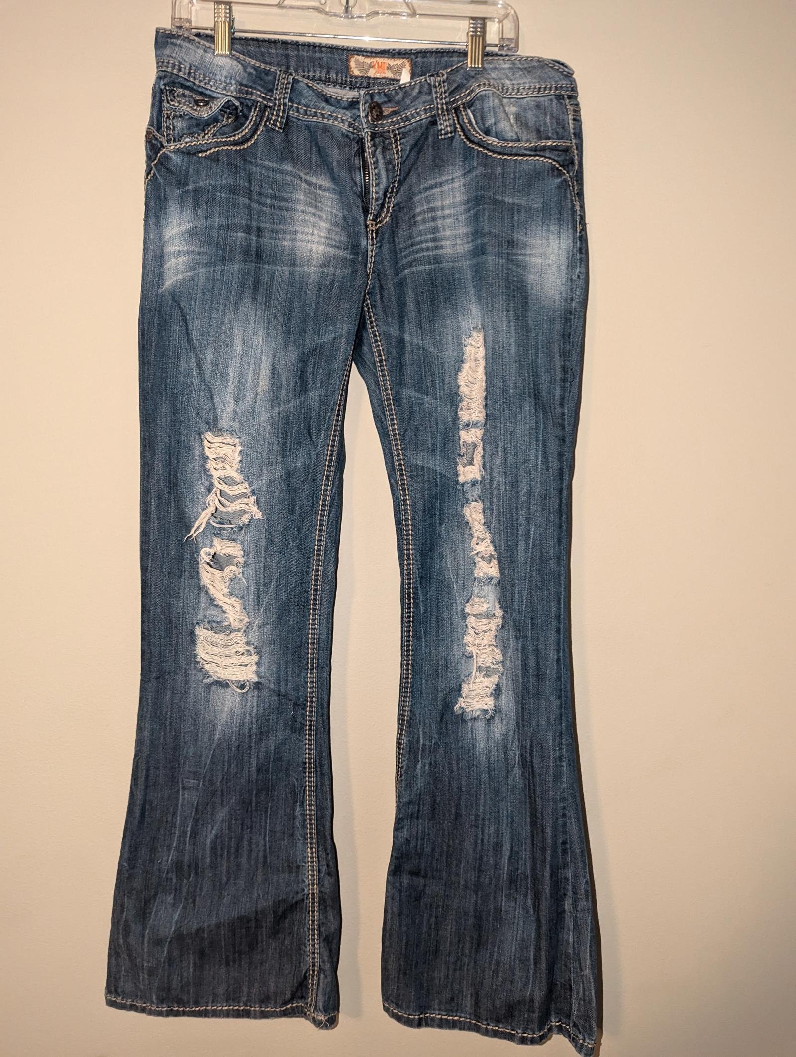 YMI Jeans Womens Stylish Distressed Flare Jeans - Size 11