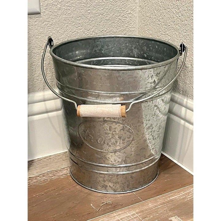 Farmhouse Bathroom Trash Can - Rustic Galvanized Bucket with Wooden Handle