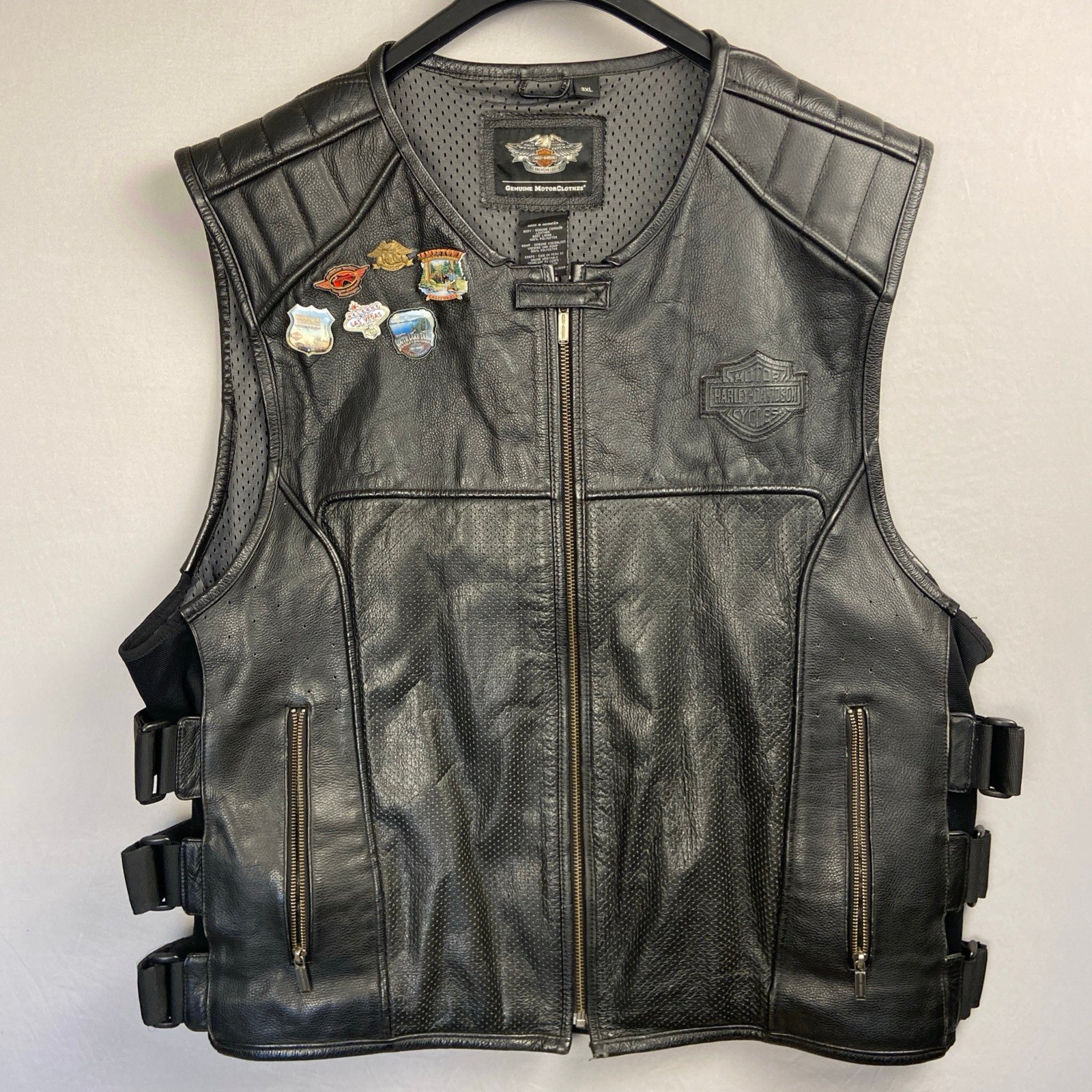 Harley Davidson Leather Vest Men 3XL Black Swat Cowhide Side Buckles Pins Skull