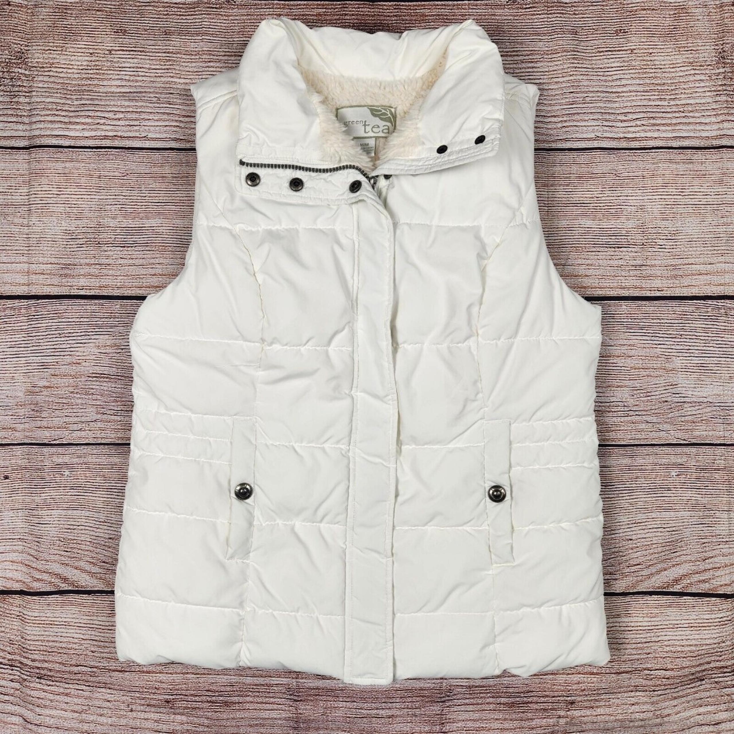 Green Tea White Puffer Vest Womens Size Medium M Sherpa Lined