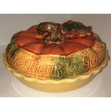 Unique Majolica Style Pumpkin Pie Keeper We Give Thanks to God Deep Dish VGUC