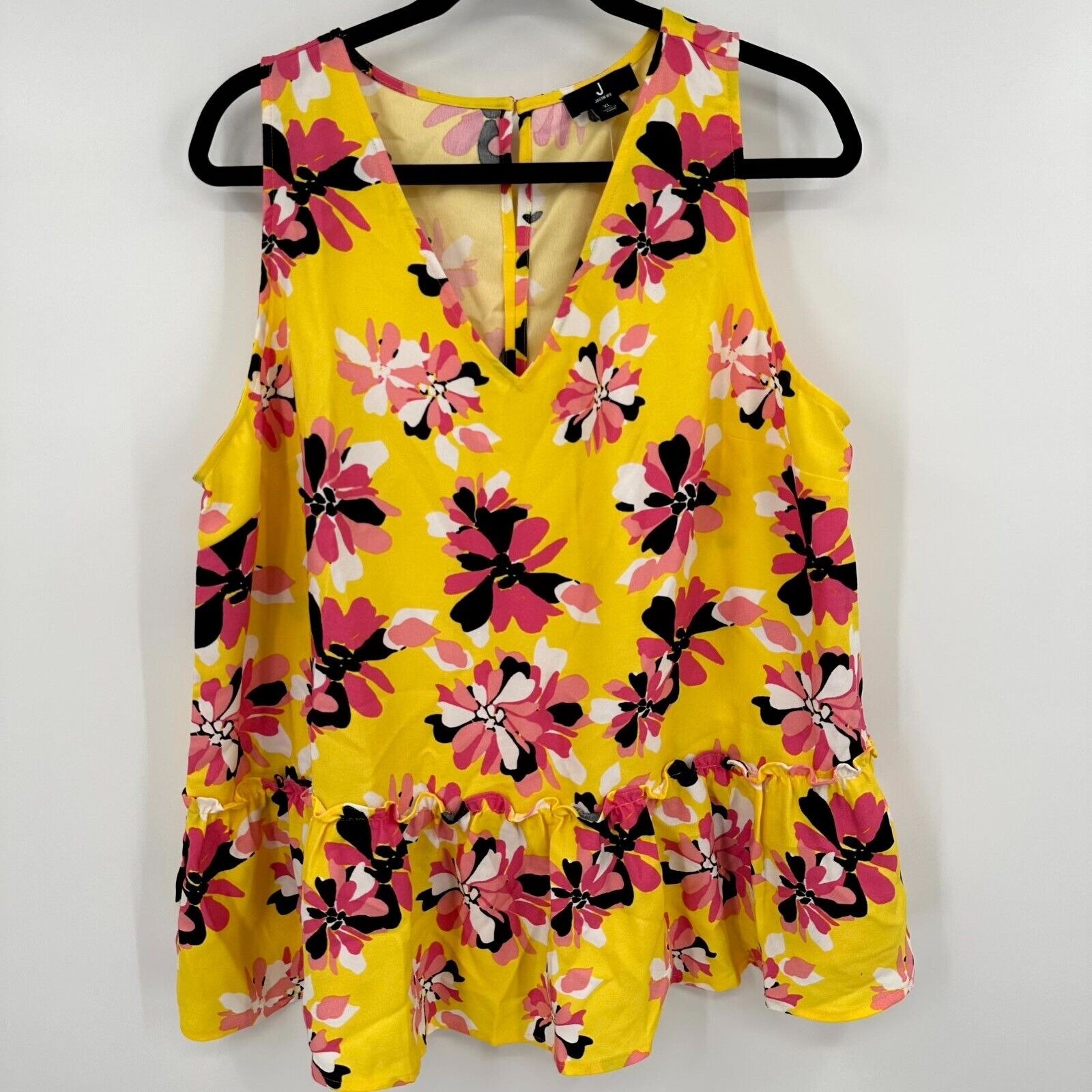 J by Jason Wu Blouse Womens XL Multi Floral Print Ruffle Hem V Neck Keyhole Back