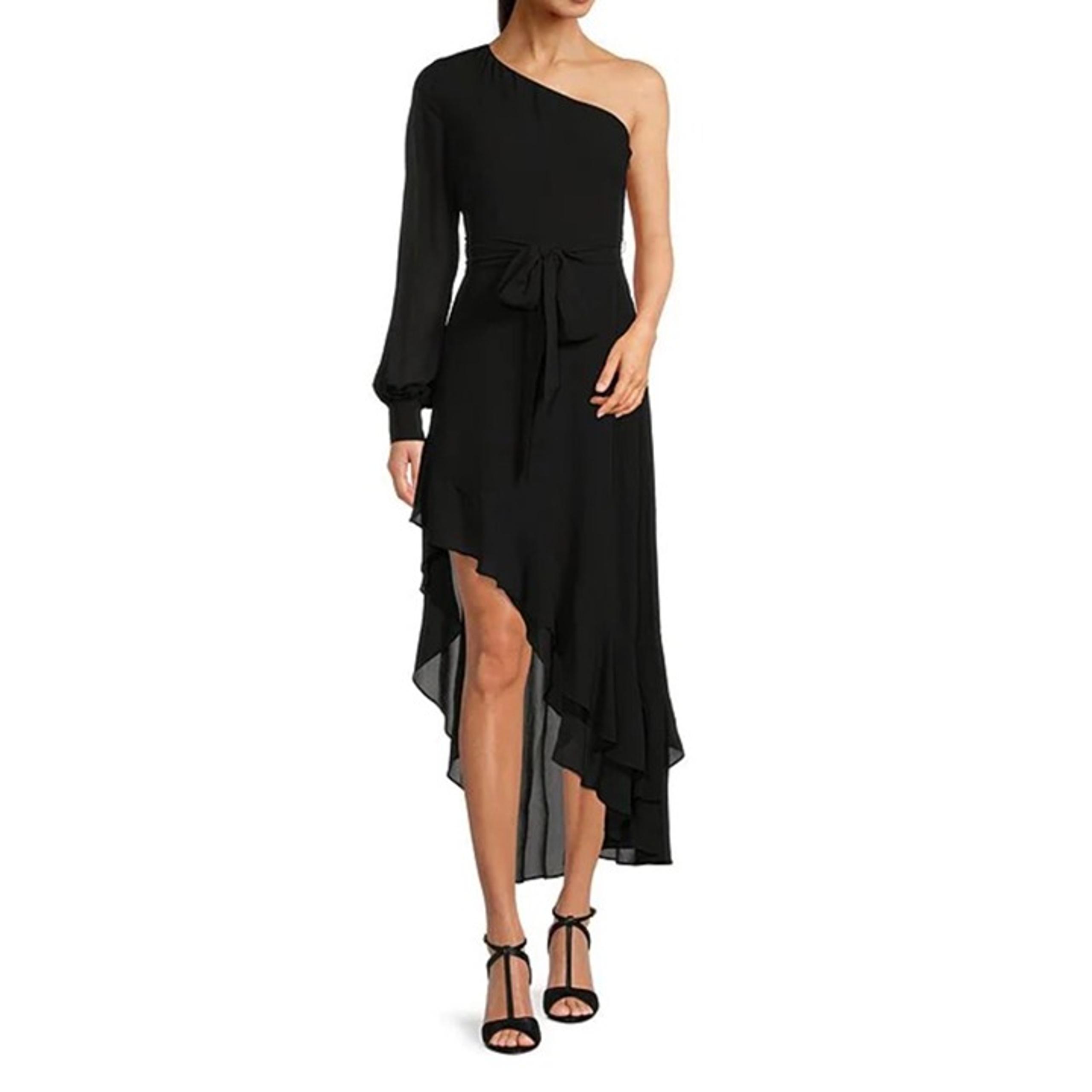 Belle Badgley Mischka Bailey Women Black One Shoulder Asymmetrical Ruffle Hem Dr