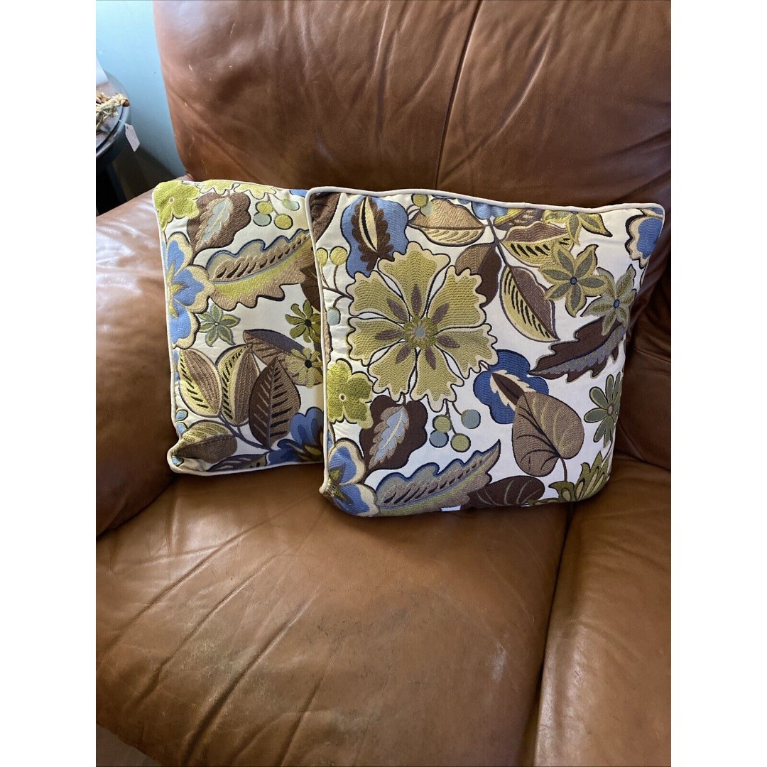 MCM 2 Throw Pillows Fall leaves and Floral Colors retro 18x18 Green Blue Brown
