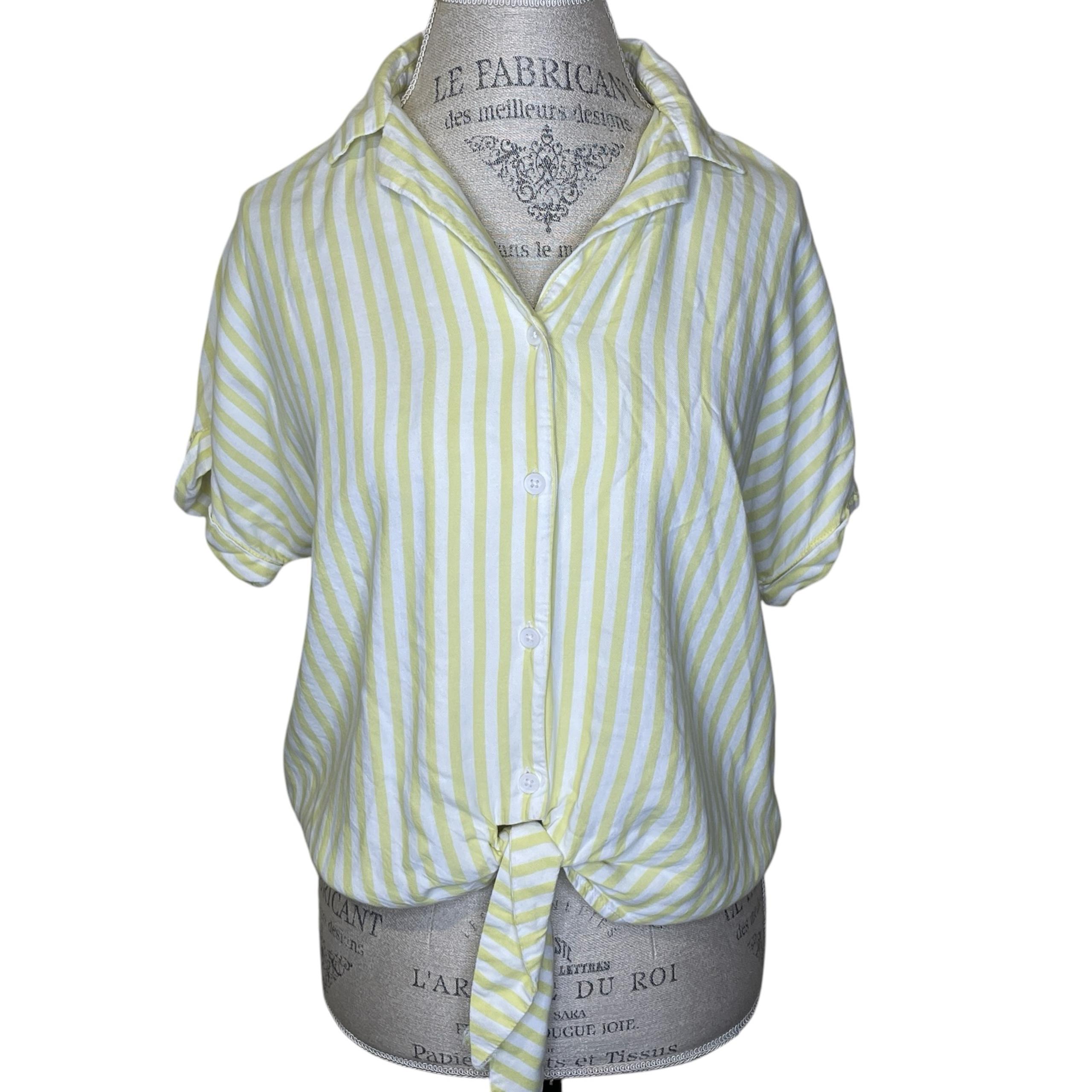 BeachLunchLounge Tie Front Short Sleeve Striped Button-Up Shirt Yellow White Med