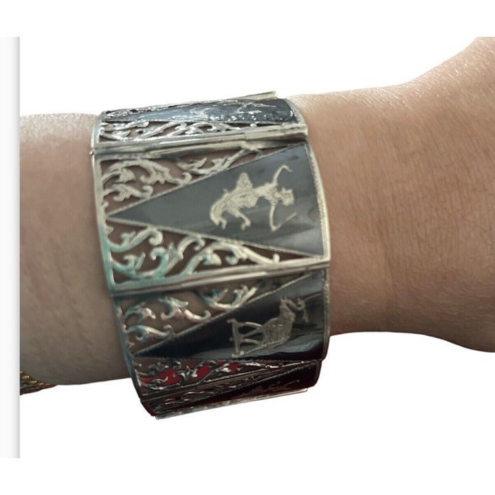 925 Sterling Silver Vintage Siam Niello Hindu Goddess Panel Link Bracelet 7.5