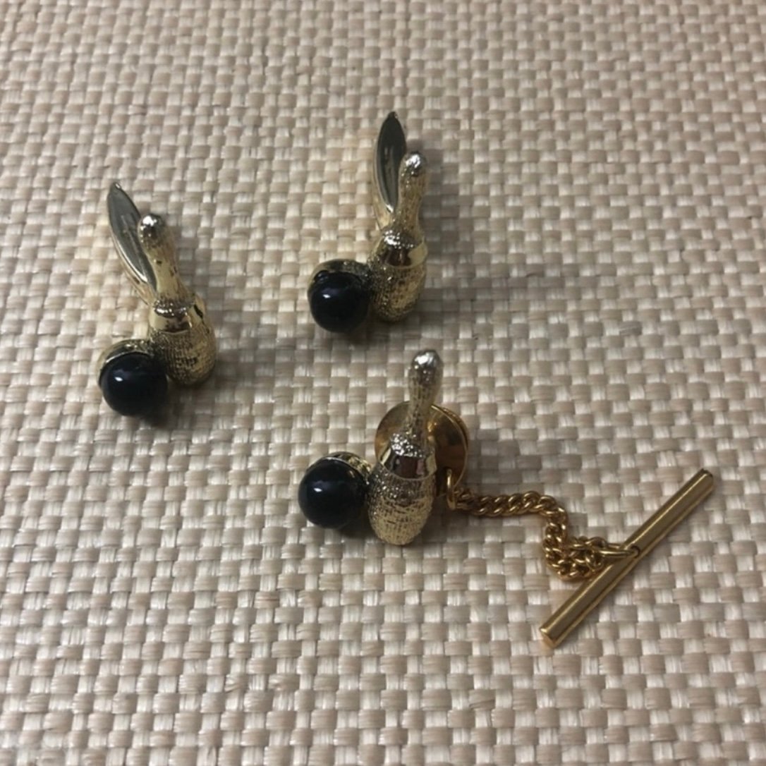 Vintage Bowling Pins and Bowling Balls Black and Gold Tone Cuff Links and Pin