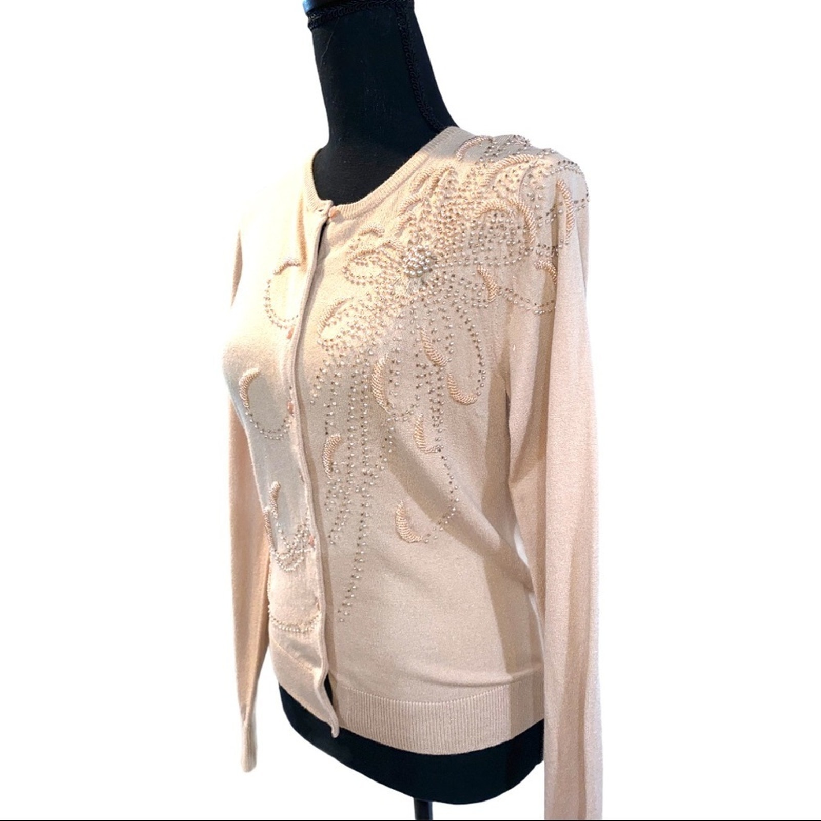 Ann Klein pale pink beaded cardigan Granny core size small