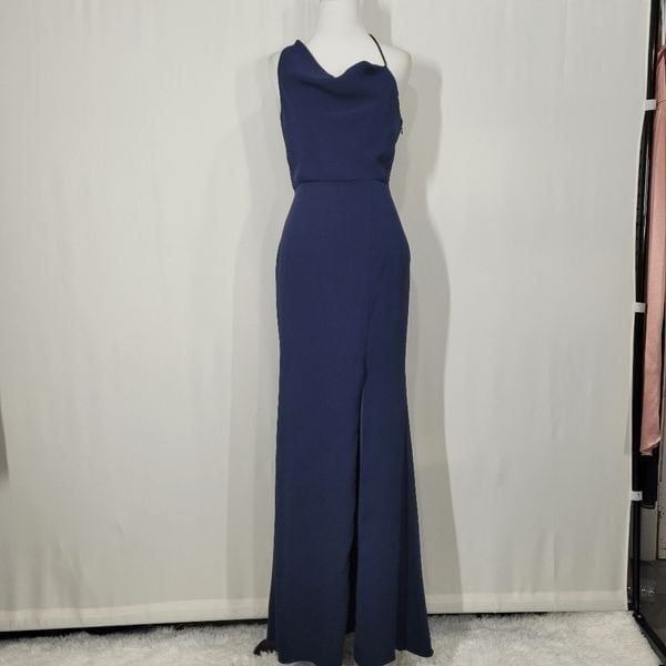 After Six 6849 Midnight Navy Crepe One-Shoulder Draped Cowl-Neck Maxi Dress 14