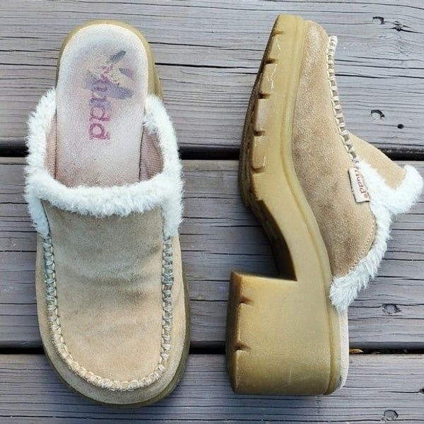 Vintage 90s y2k Mudd Camel Tan Suede Leather Faux Fur Chunky Heel Platform Mules
