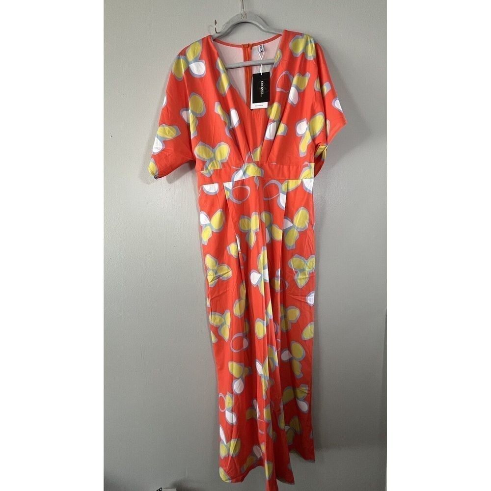 Uoozee Tropical Hawaii Jumpsuit Women M Orange Wide Leg V Neck Abstract Floral