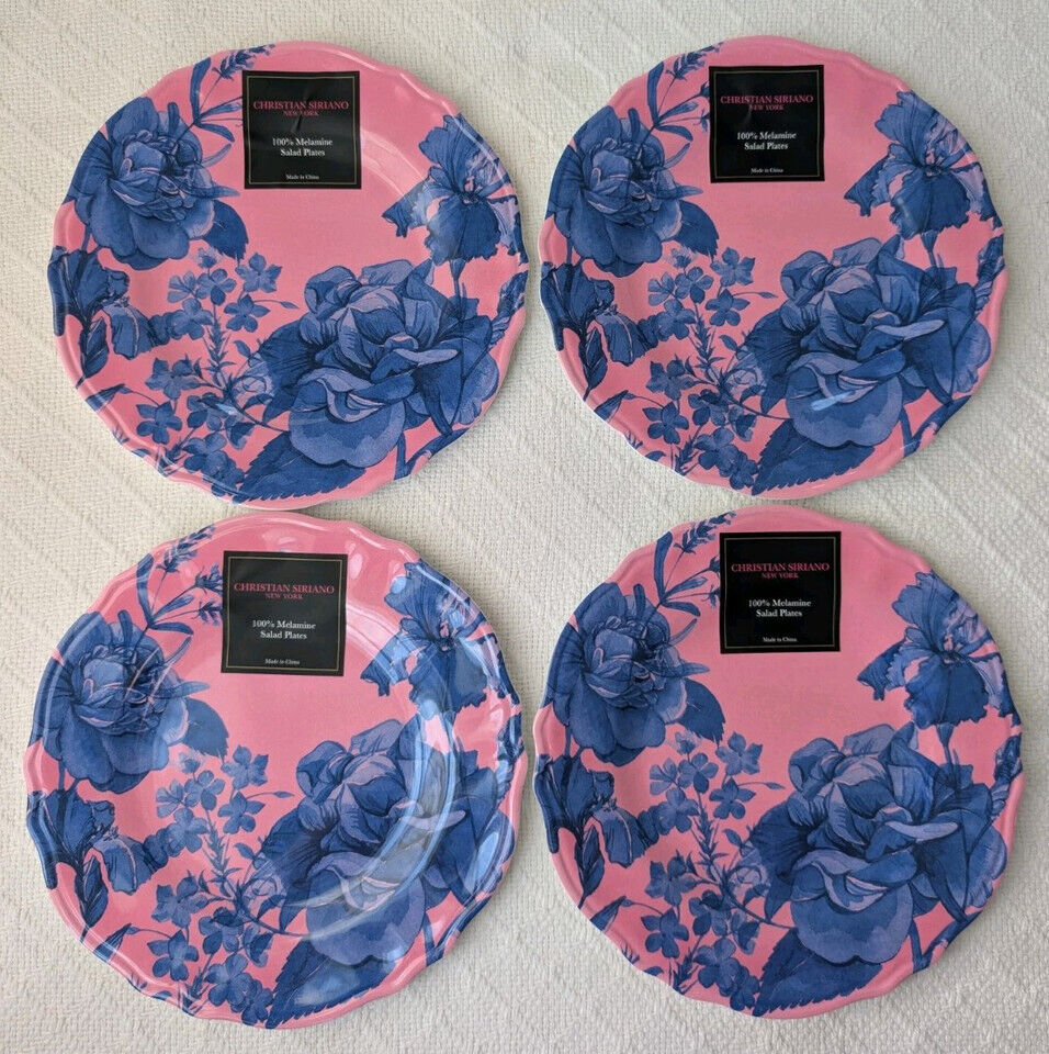 4 Pink & Blue Floral Melamine Scalloped Salad/Dessert Plates 9 Spring Siriano
