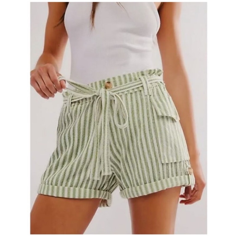 Free People One Harrison Striped Shorts Green Beach Summer Waist Tie Women Sz XL