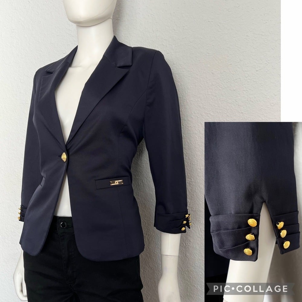 NWT WOMEN BLAZER NAVY BLUE JACKET ONE BUTTON LINED 3/4 SLEEVES NOTCHED COLLAR