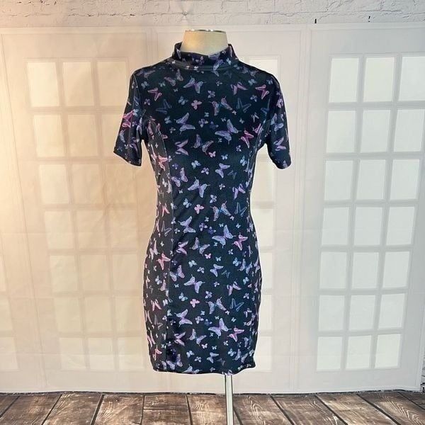 Rokoko velvet short sleeve mock neck velvet butterfly bodycon mini dress size 10