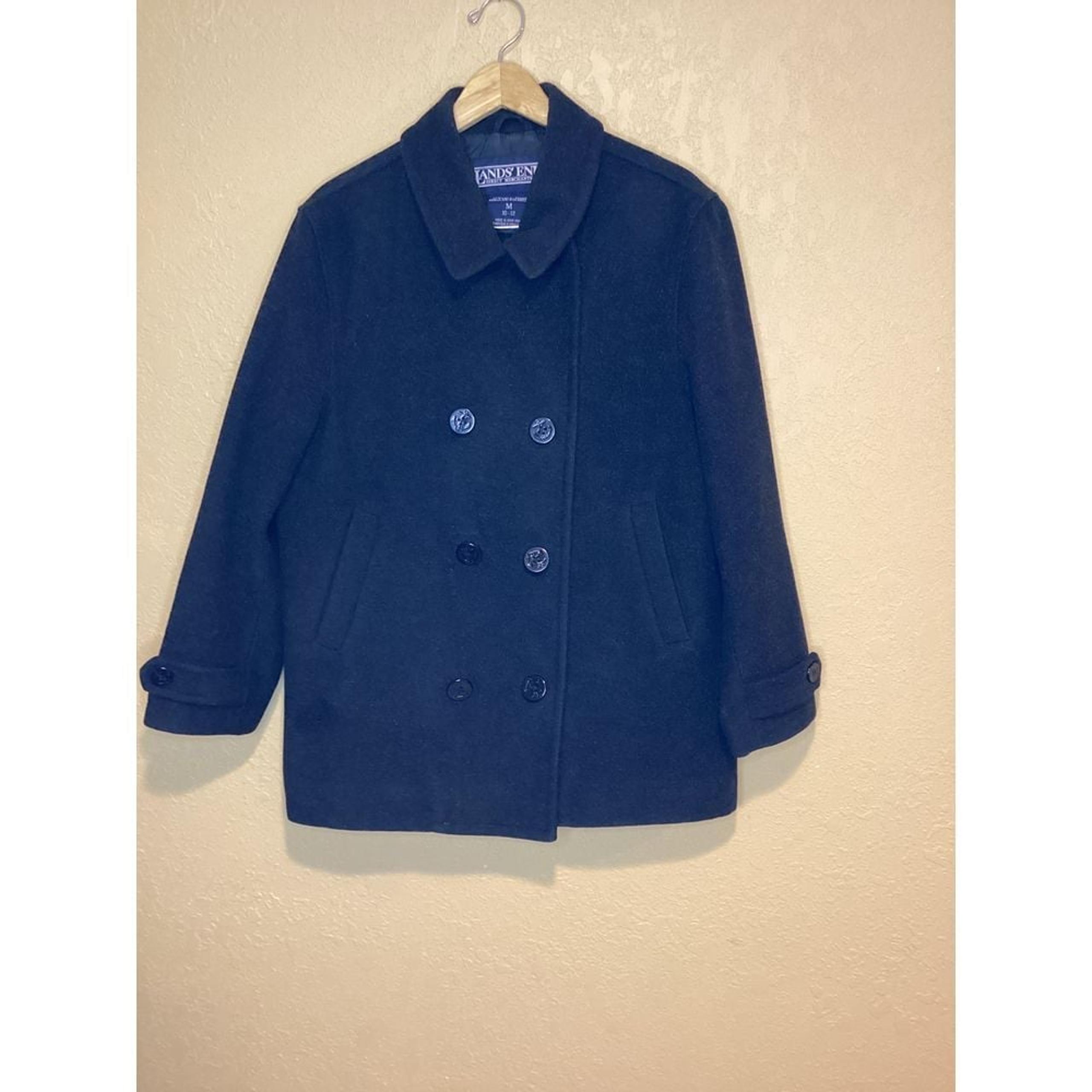 Land's End 100% Wool Original Troler Loden Peacoat, Medium (10-12); Charcoal Gra