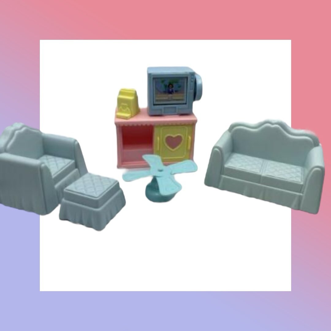 PLAYSKOOL DOLLHOUSE LIVING ROOM FURNITURE TV CABINET SOFA OTTOMAN FAN CHAIR