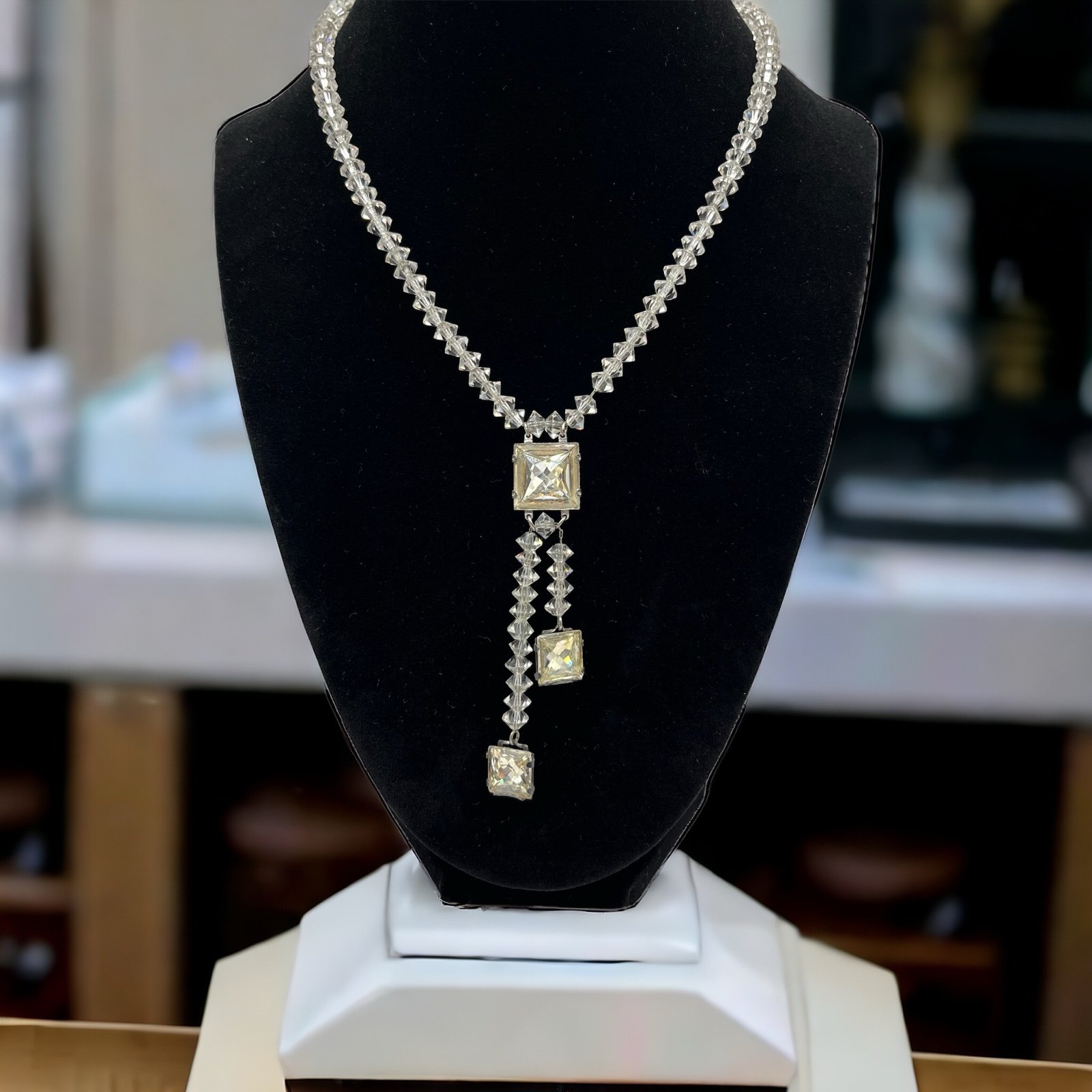 Art Deco Sterling Czech Glass Crystal Bead Dangling Lavaliere Choker Necklace