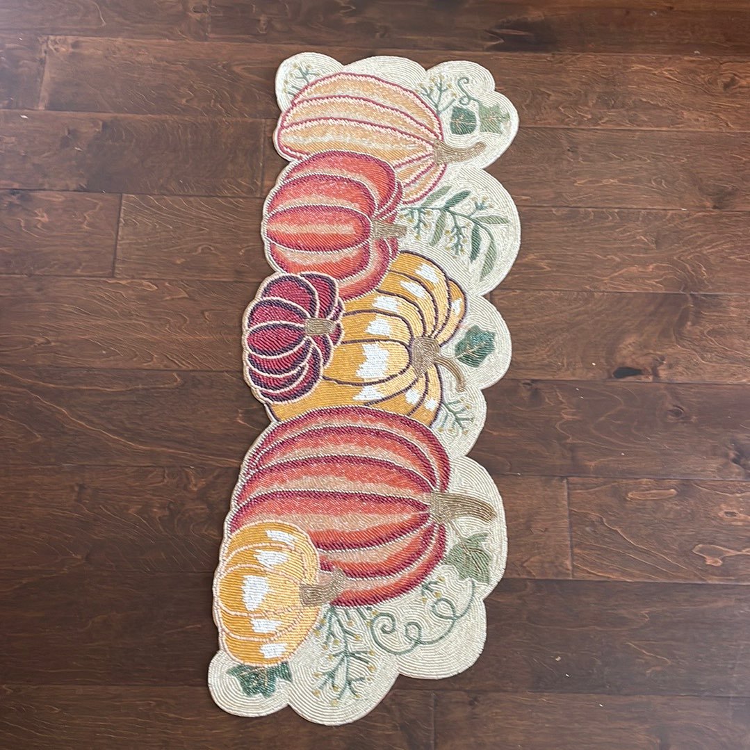 Nicole Miller Fall Beaded Table Runner Pumpkins Leaves Thanksgiving Embroidered